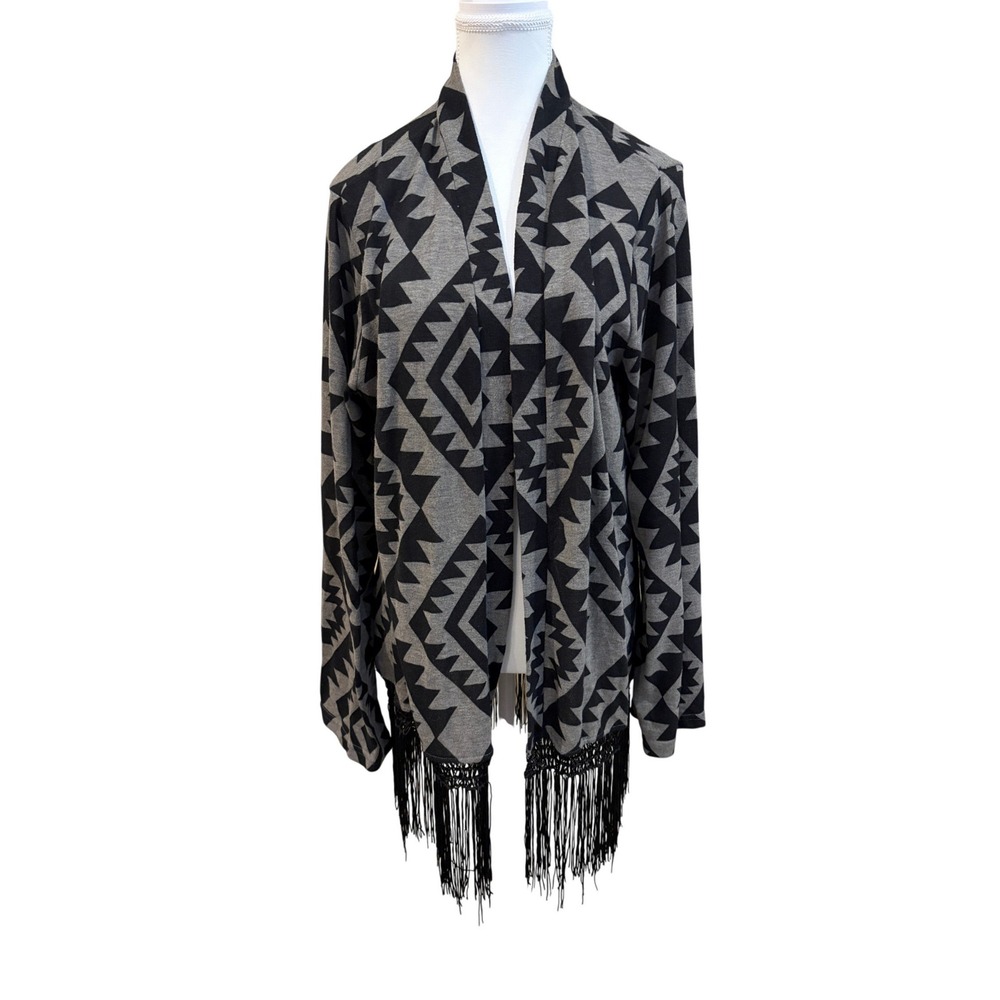 Questions by Say What? Women's Open Front Cardigan XL Geometric Print Fringe Hem